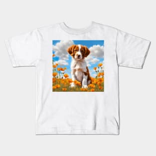 California Poppy Brittany Spaniel Puppy Kids T-Shirt